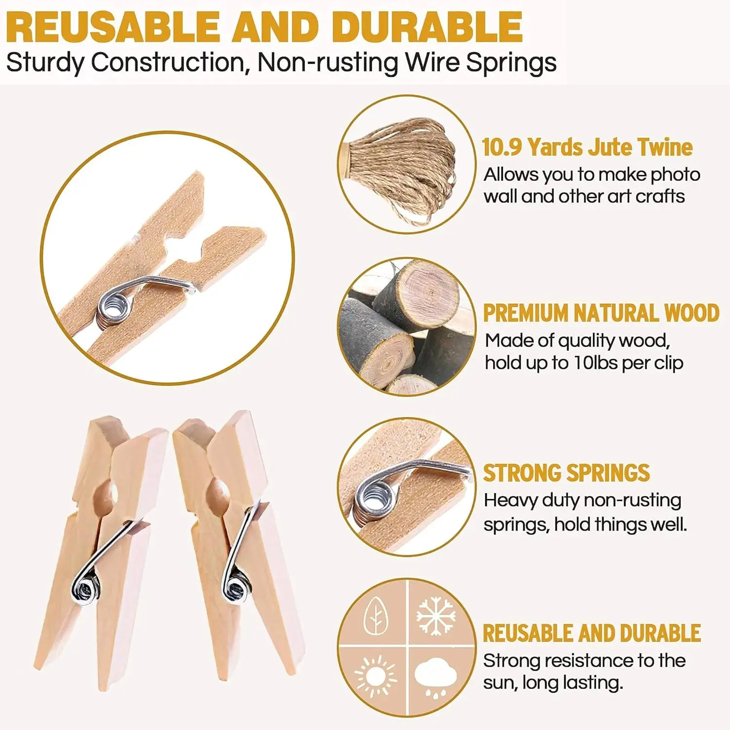 100 قطعة مشابك غسيل خشبية متعددة الوظائف قابلة لإعادة الاستخدام مقاطع خشبية صغيرة مع خيوط الجوت لجدار الصور والحرف اليدوية #2