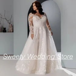 Customized Plus Size Wedding Dress Illusion Long Sleeves Scoop Neck Glitter Tulle Applique Sweep Train Bride Bridal Gowns