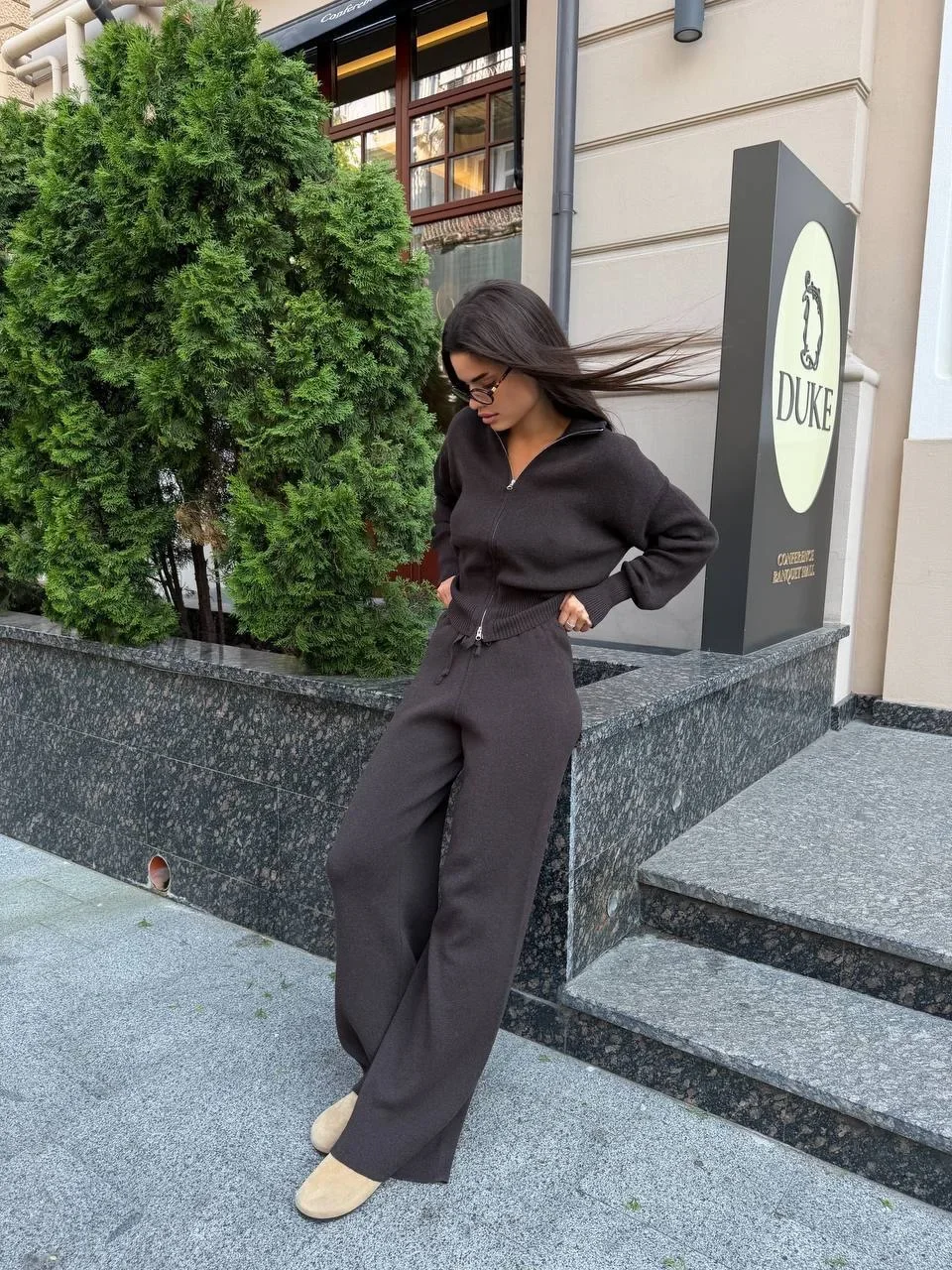 Solid Color Zipper Waist Cinching Casual Set Knitted Top Drawstring Straight Leg Pants 2-piece Sets 2026 Autumn Lady Daily Wear