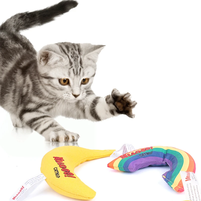 Cat Catnip Toy Funny Cat Interactive Plush Toy Banana Rainbow Kitten Chewing Squeaky Toy Pets Cat Supplies