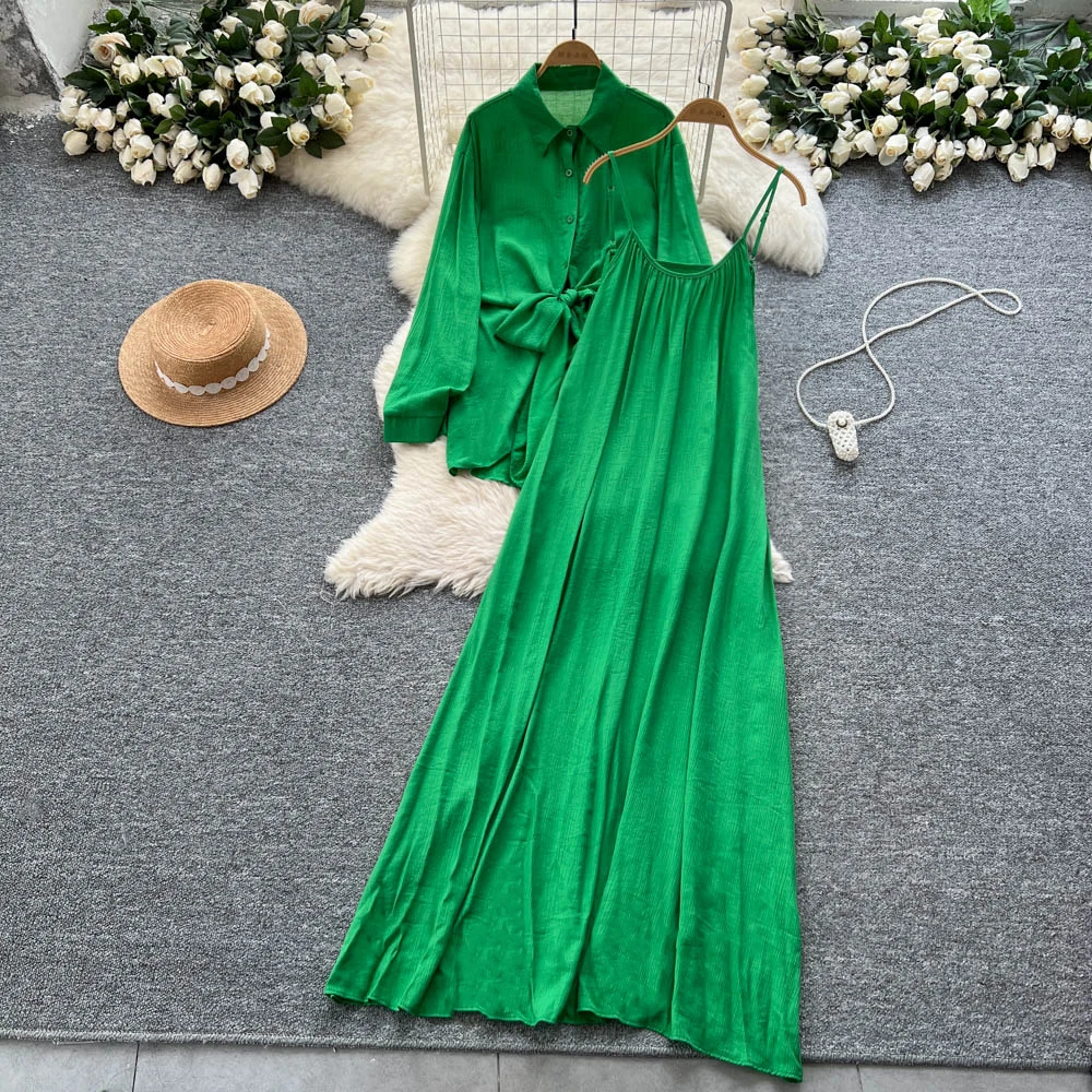 

SuperAen повседневное элегантное платье для женщин, асимметричное свободное платье с длинными рукавами, рубашка большого размера, платье на бретелях, комплекты из двух предметов