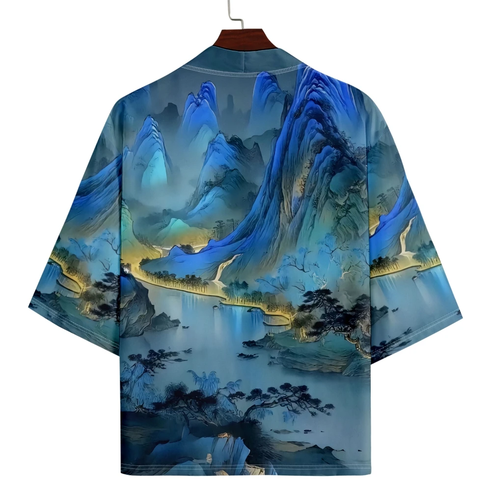 

Винтажное кимоно, летнее пляжное китайское пейзажное живопись, японский хаори, мужской и женский модный кардиган, халат, уличная одежда, синие топы