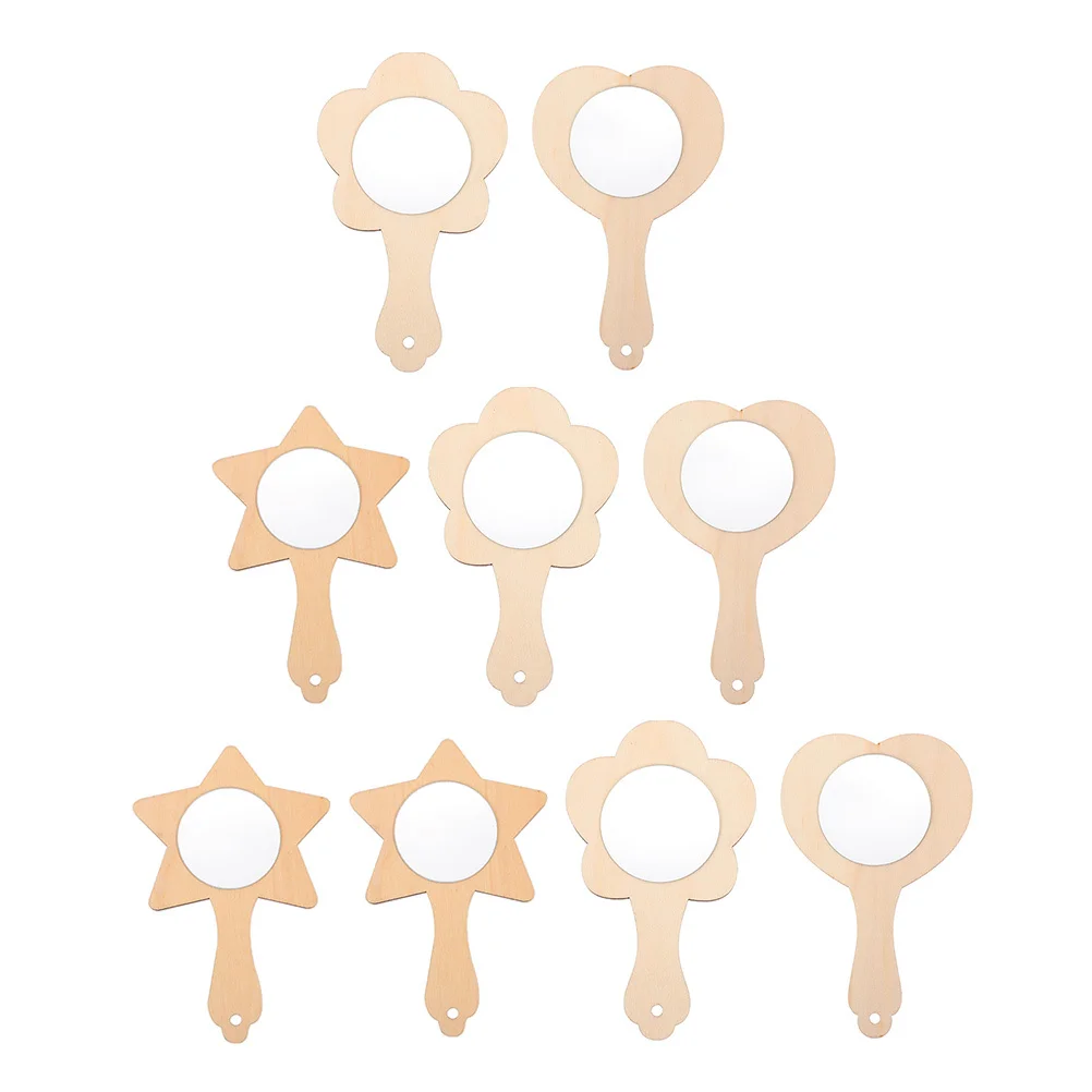 9 pçs diy espelho de madeira em branco artesanal kit para crianças pintura inacabada molde de madeira espelho portátil decorativo diy