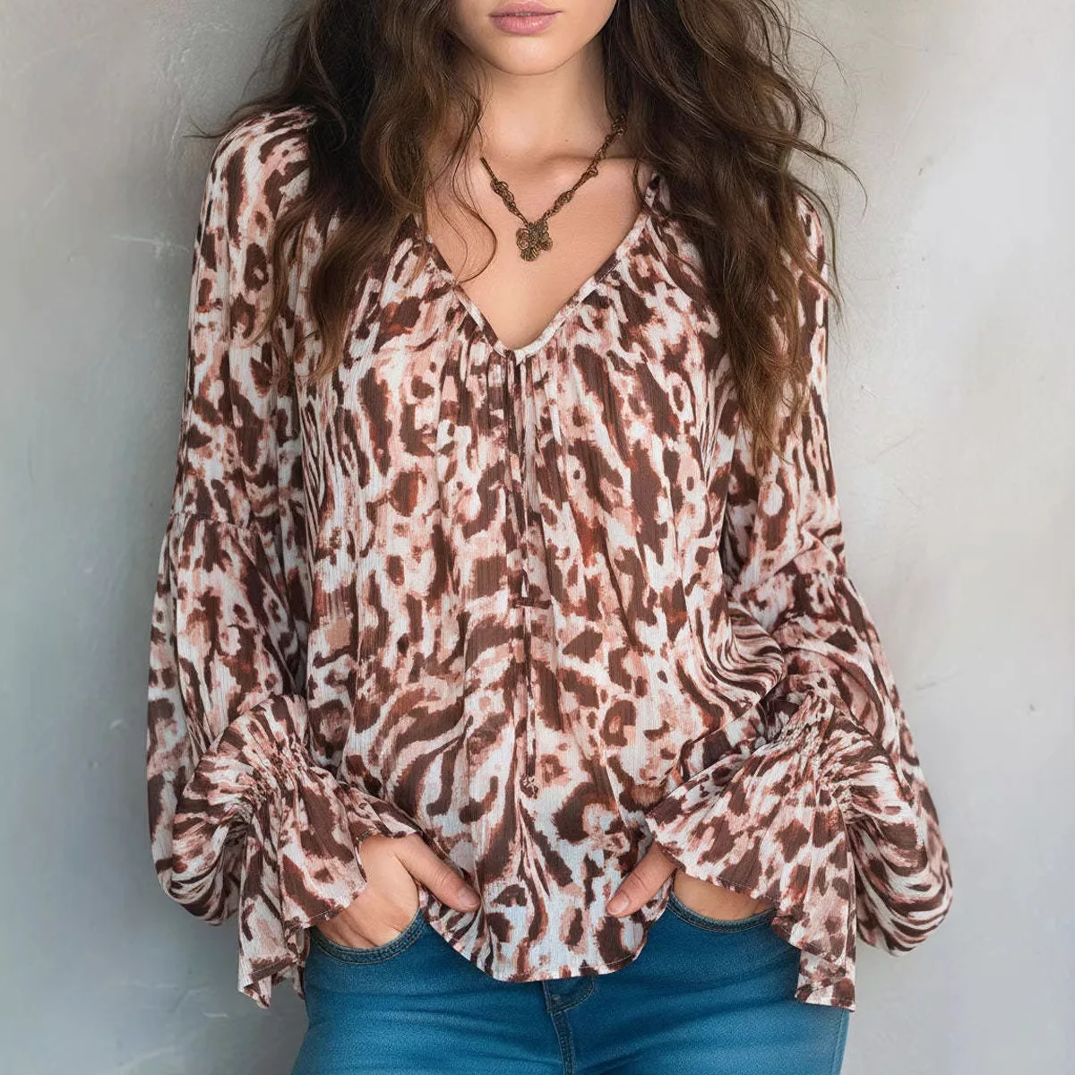 

Модная блузка с леопардовым принтом и длинным рукавом, элегантная повседневная сексуальная блузка с V-образным вырезом для женщин, уличная одежда