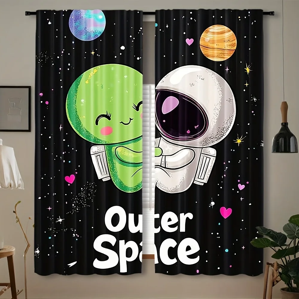 Cute Astronaut and Alien Curtain, Space Planet Star Pattern Drape, Cartoon Galaxy Window Treatment for Kids Bedroom Nursery Home