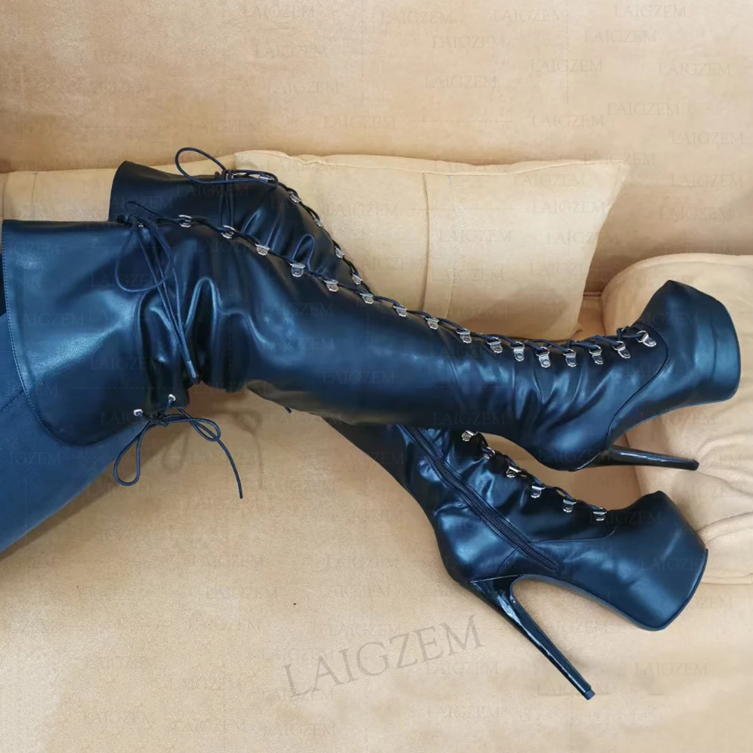 DOHBANER Women Over Knee Boots Platform Faux Leather Stiletto High Heels Side Zip Boots Shoes Woman Big Size 40 43 45 52