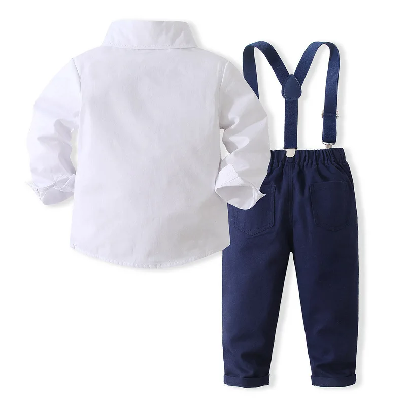 4Piece Spring Fall Baby Boy Clothes Korean Fashion Gentleman Cotton Long Sleeve Shirt+Pants+Tie+Straps Kids Clothing Set BC2484