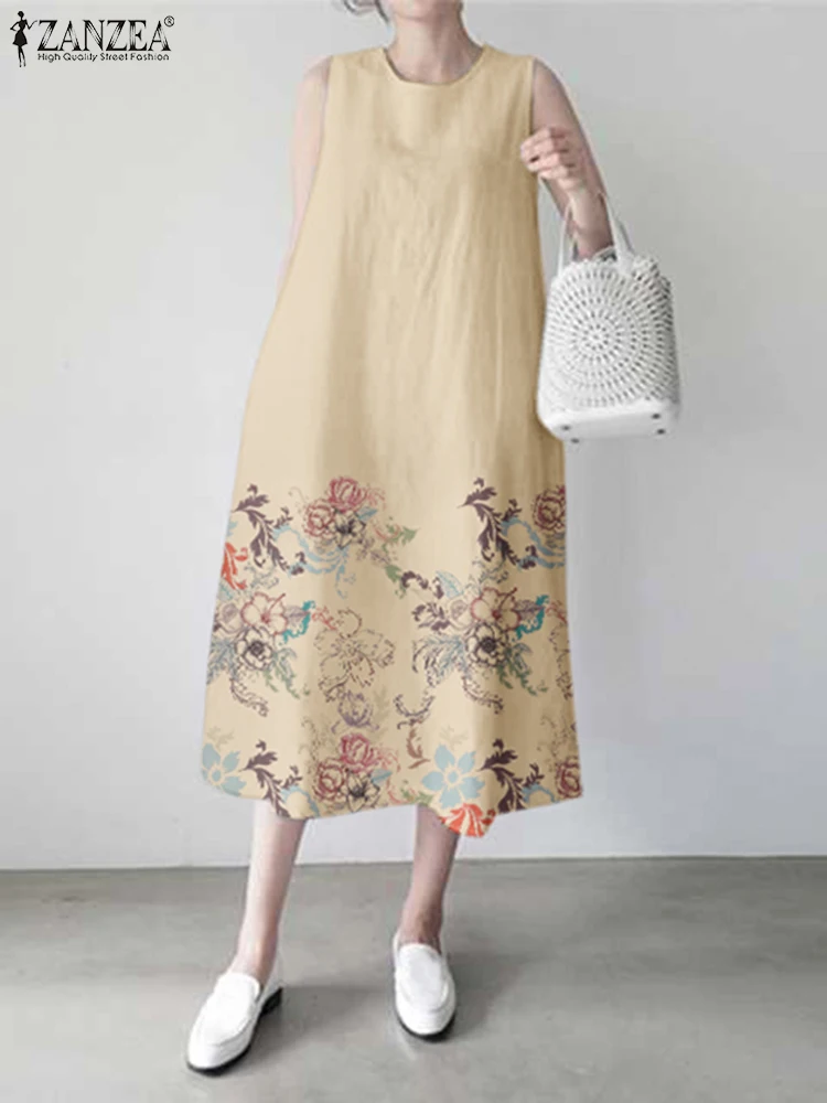 Zanzea Vrouwen Bloemen Bedrukte Jurk Mode Mouwloze Tank Zomerjurk 2024 Vakantie Zomer Oversized Gewaad Casual Losse Maxi Jurken