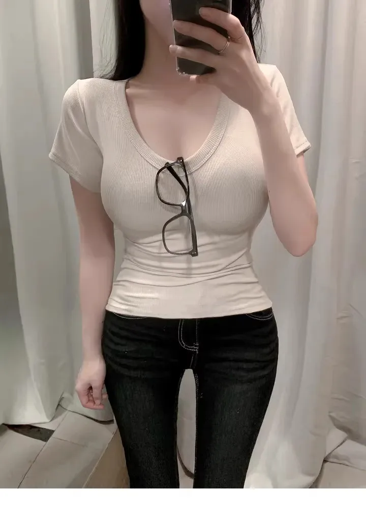 2026 Kurzarm-T-Shirt für Damen, einfarbig, schlicht, lässig, weich, vielseitig, Basic Crop Tops, Sommermode, eng anliegende Oberteile, Schwarz, Weiß – Detail 16
