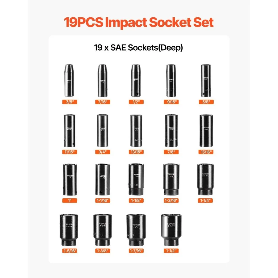 Set Soket Impact 1/2 Inci 19 Buah Soket Impact Soket Dalam Soket 6 Titik Konstruksi Kokoh CrV Soket Drive 1/2 Inci