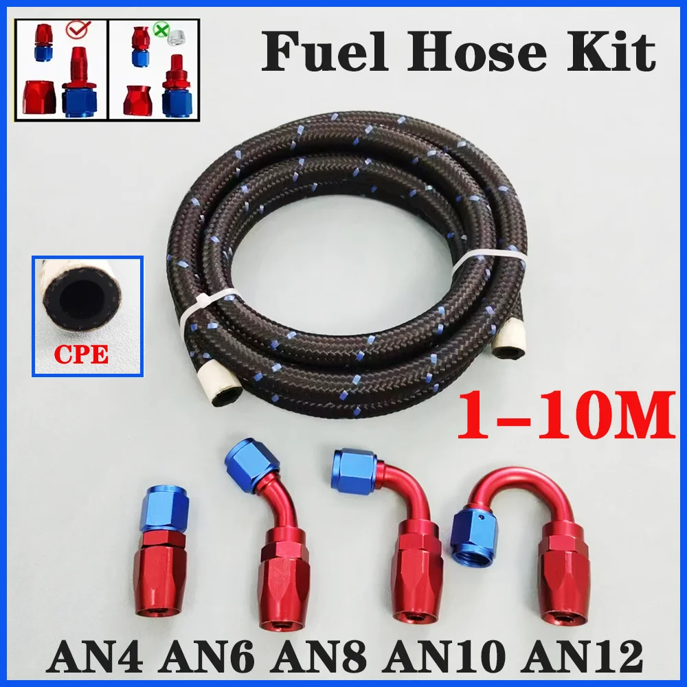 

1-10M AN4 AN6 AN8 AN10 AN12 Fuel Hose Oil Gas Cooler Hose Line Pipe Tube Nylon Braided CPE Rubber 0 45 90 180 Degree Fittings