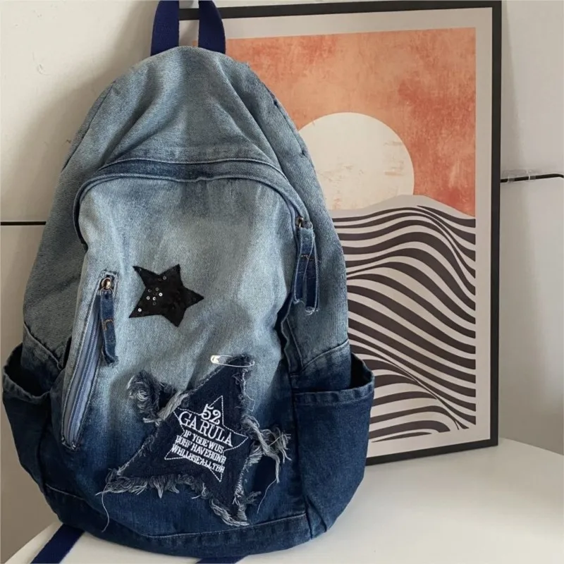 JIAERDI Vintage Star Harajuku Backpack Wanita Denim Kapasitas Besar Tas Ransel Pelajar Y2k Serbaguna untuk Sehari-hari Mochilas Mujer Baru