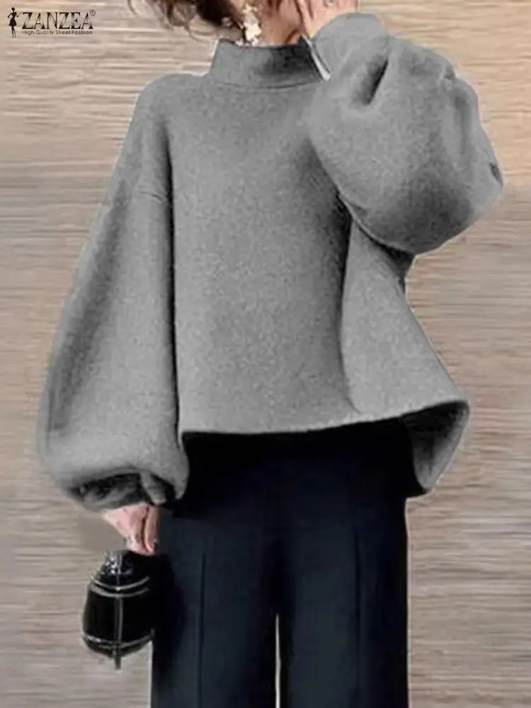 

ZANZEA, женские толстовки с длинными рукавами, осень 2022, пуловеры с воротником-фонариком и рукавами-фонариками, однотонные джемперы, модные элегантные топы Blusas