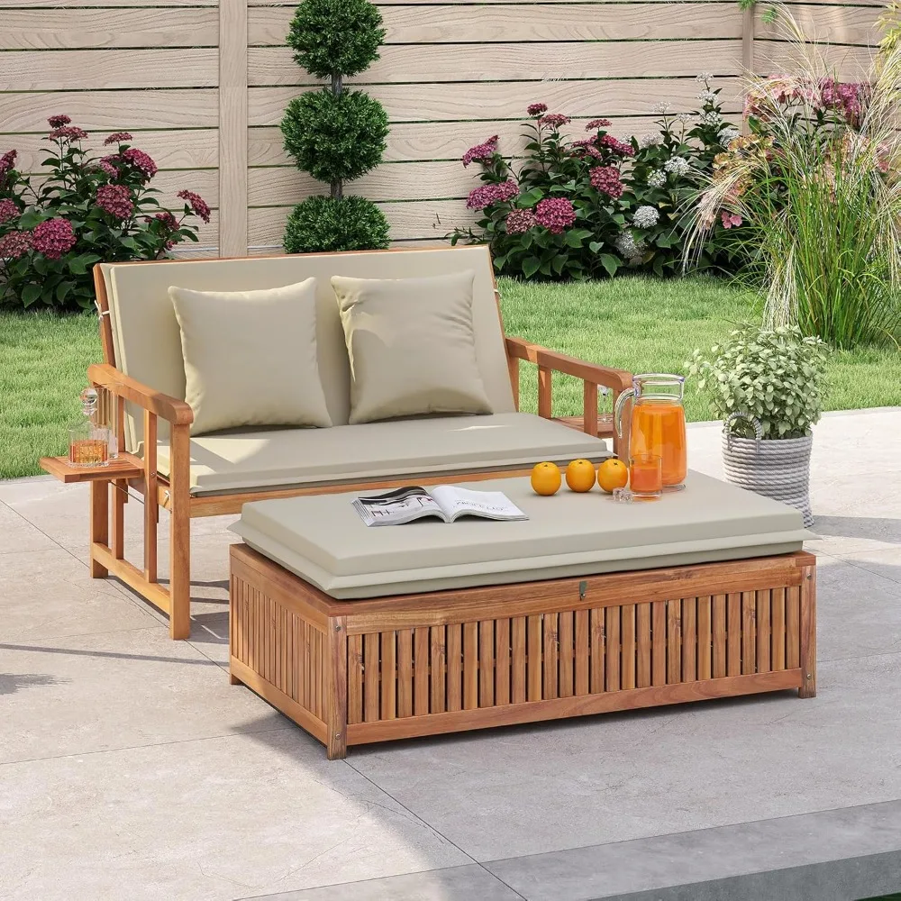 

Moccha Acacia Wood Outdoor Daybed - Wooden Loveseat Sofa with 4-Level Backrest, Storage Ottoman, Cushions, Outside Sunbed