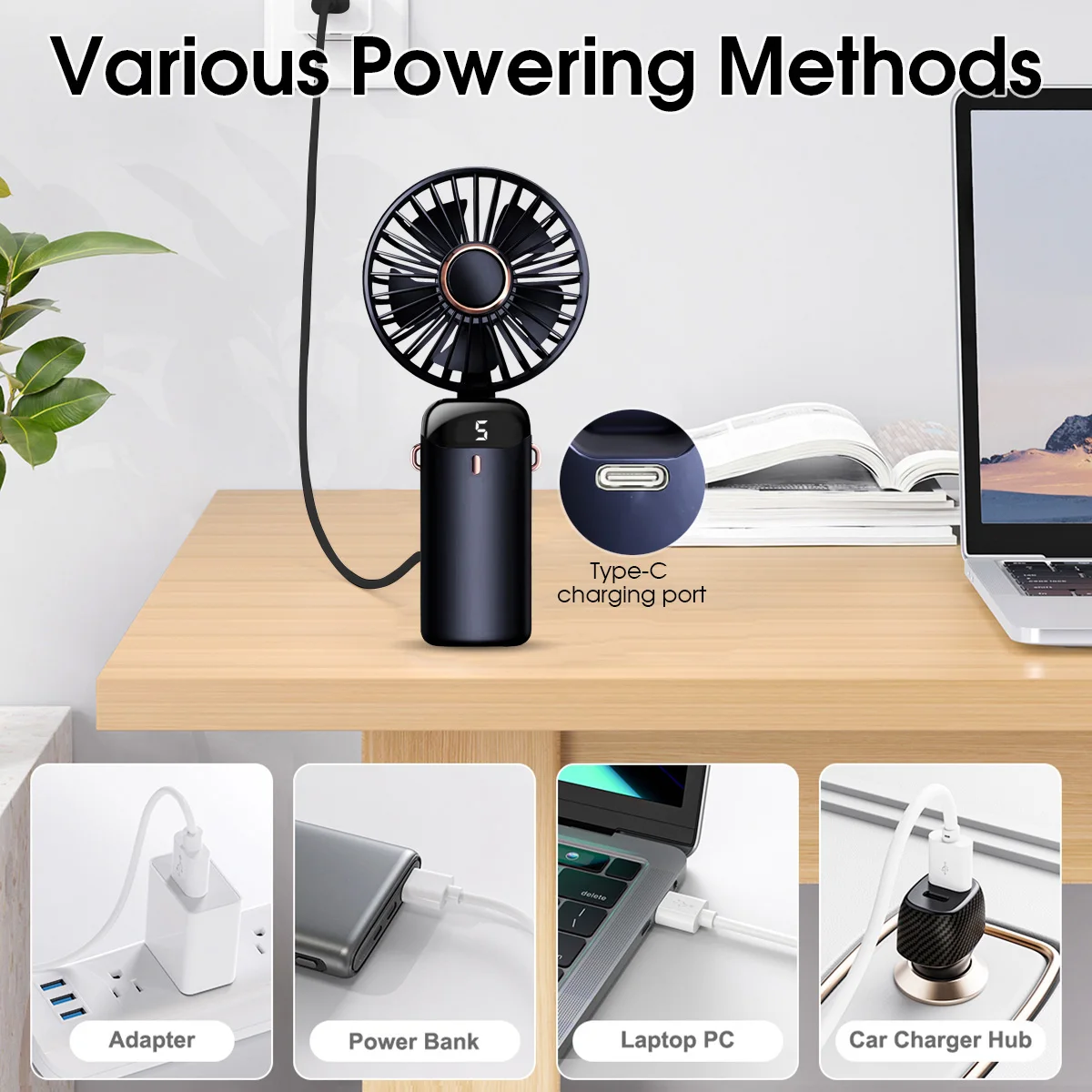 Tragbarer, wiederaufladbarer USB-Handventilator, faltbar, mit 5 Geschwindigkeitsstufen, Handyhalterung, digitaler Anzeige, Kühlung, zum Aufhängen am Hals – Detail 7