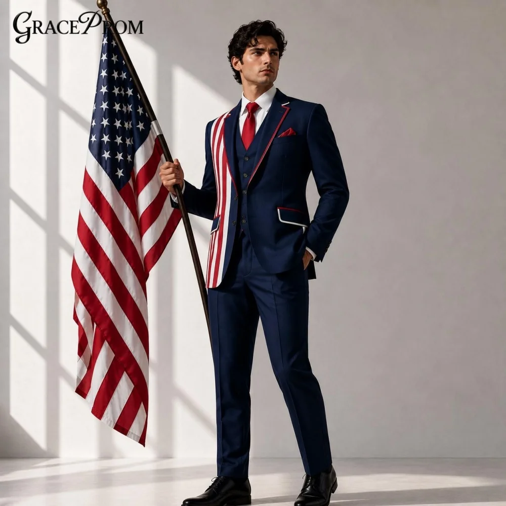 Popular Navy Red White Striped Block Men Tuxedo Suit 3PCS 2027 Fashion Wedding Groom Blazer Vest Pants Formal Business Outfit