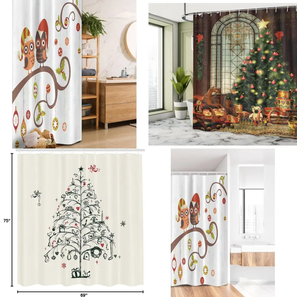 

Рождественская занавеска для душа на тему совы: праздничные ветки ветвей деревьев и праздничный принт ярлы Ноэля