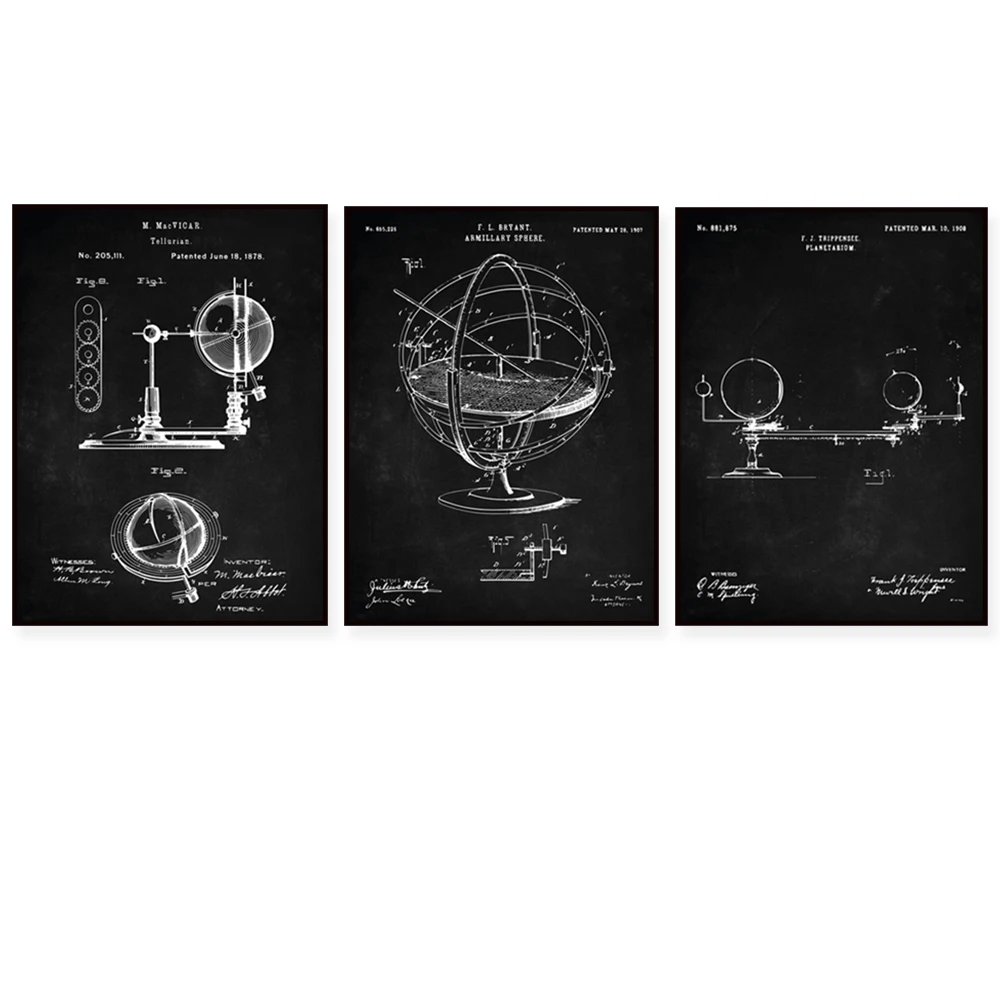 Astronomy Patent Set of 3, Planetarium, Solar System Armillary Sphere Tellurian Astronomical Globe,