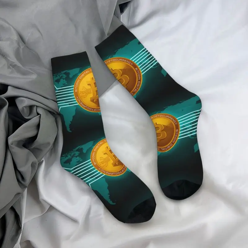 Calcetines con estampado divertido de Bitcoin para hombre y mujer, calcetín elástico con tecnología Btc Cryptocurrency, para verano, Otoño e Invierno