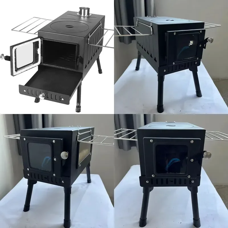 Portable Stainless Steel Wood Burning Stove with Folding Glass Window Removable Flame Observation for Outdoor Activities