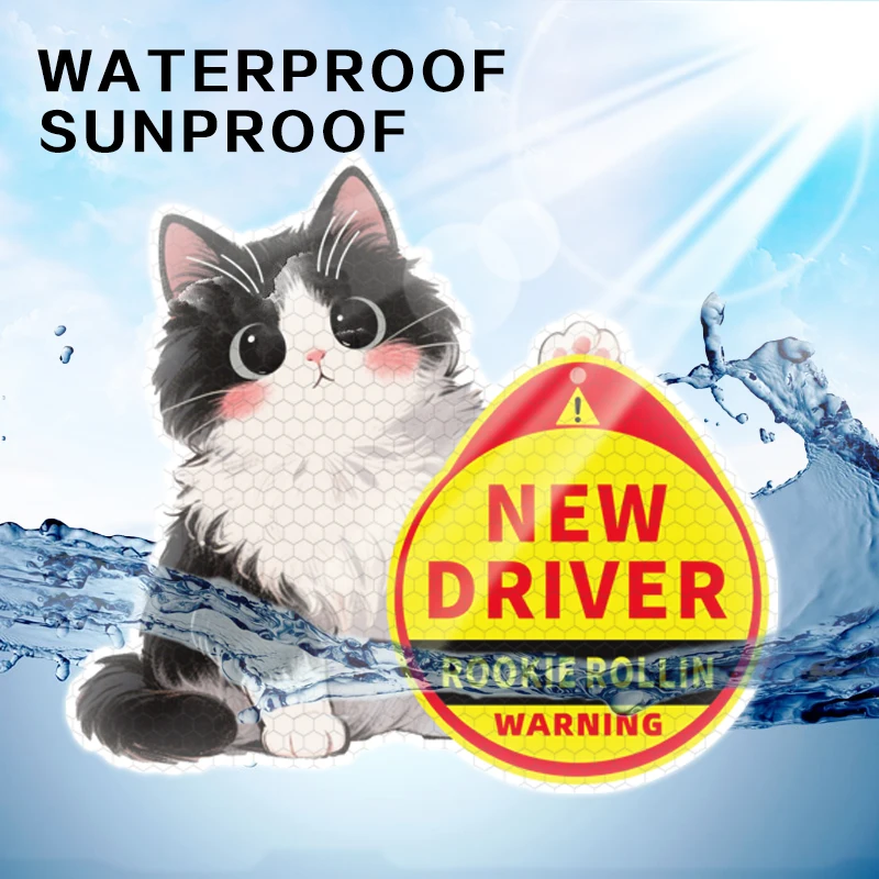 

5Pcs Waterproof UV Resistant Car Warning Sticker Cat Reflective Decal – Dim Your Lights New Driver