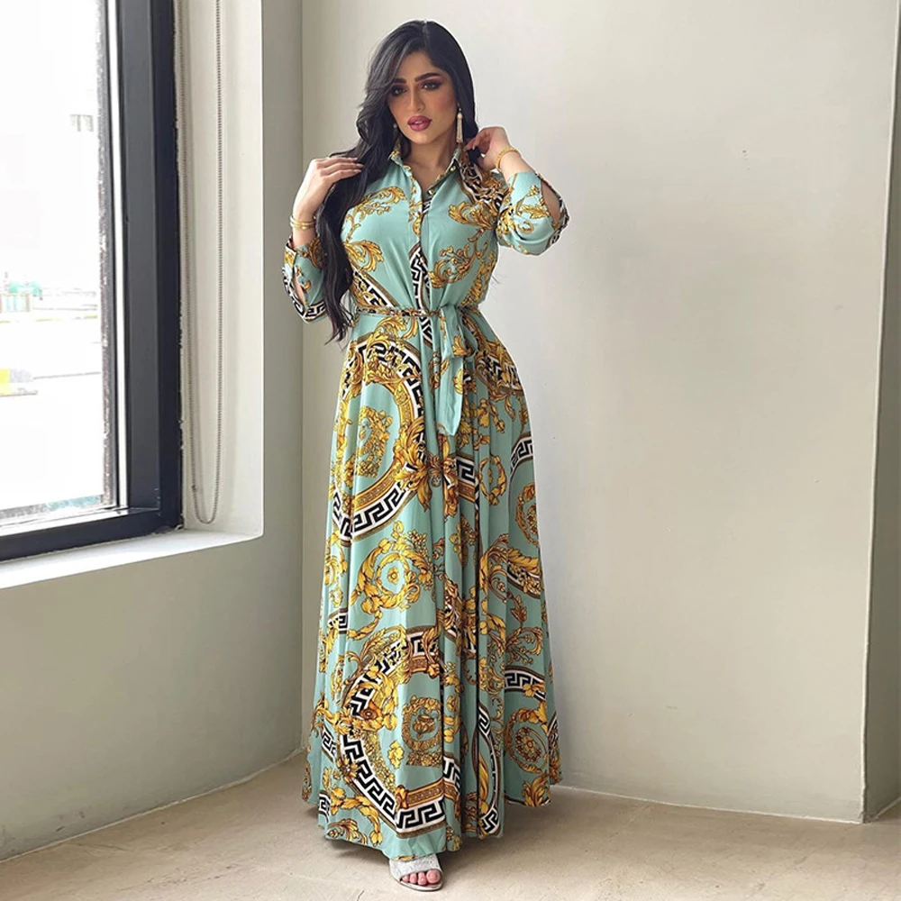 Ethnic Print Maxi Dresses for Women Single-breasted Lapel Shirt Dress Dubai Turkey Arabic Oman Middle East Clothing 2022 New