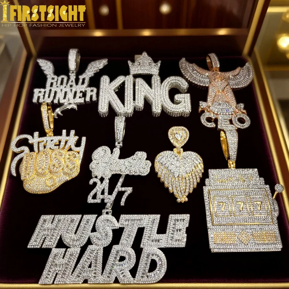 Iced Out Bling CZ Letter Hustle Hard Rich Lucky Pendant Necklace 5A Zircon Badge Fluorescence Charms Men Hip Hop Jewelry