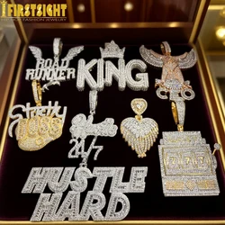 Iced Out Bling CZ Letter Hustle Hard Rich Lucky Pendant Necklace 5A Zircon Badge Fluorescence Charms Men Hip Hop Jewelry