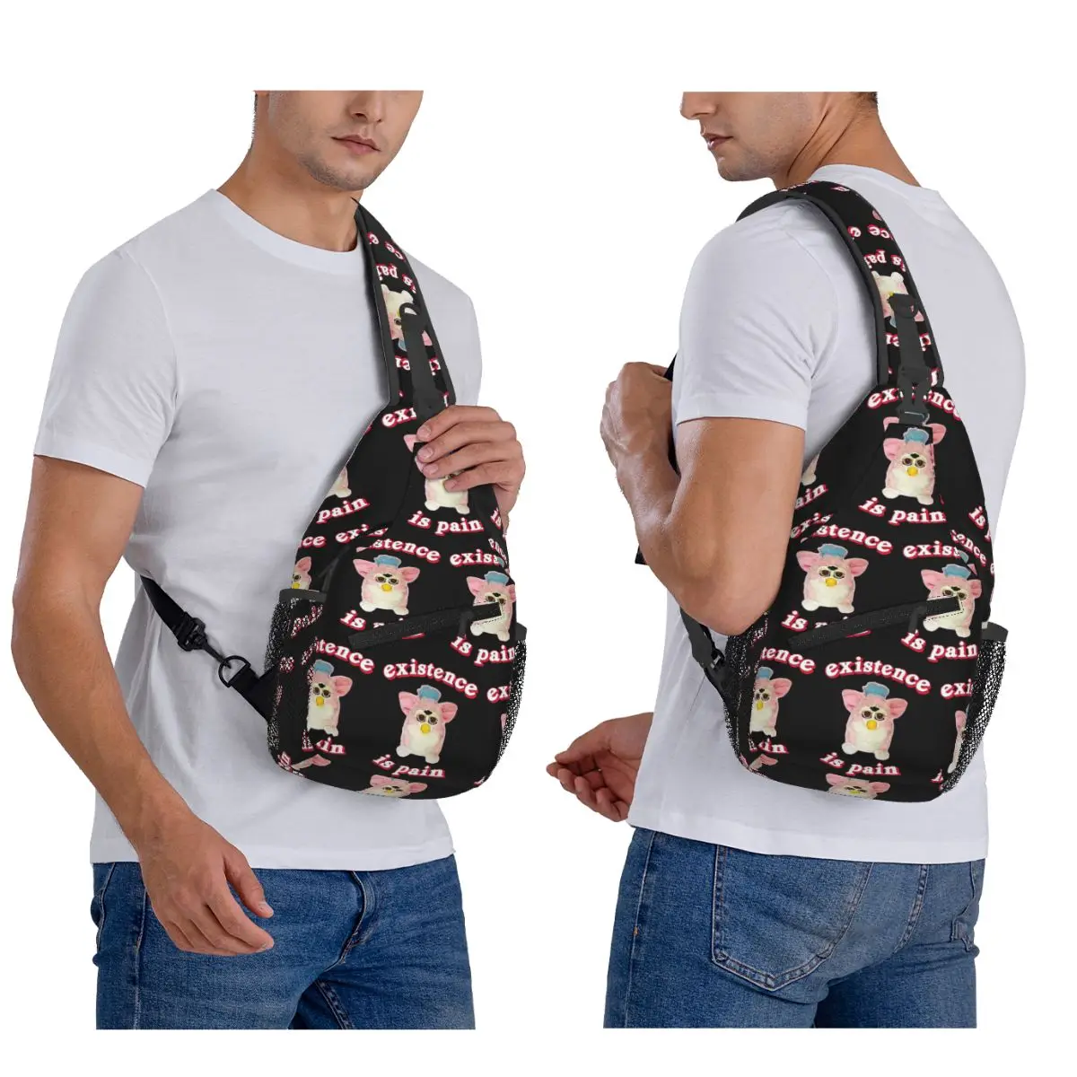 

Furby Existence Is Pain Chest Bag Men Sling Crossbody Backpack Chest Bag Travel Hiking Daypack Shoulder Bag