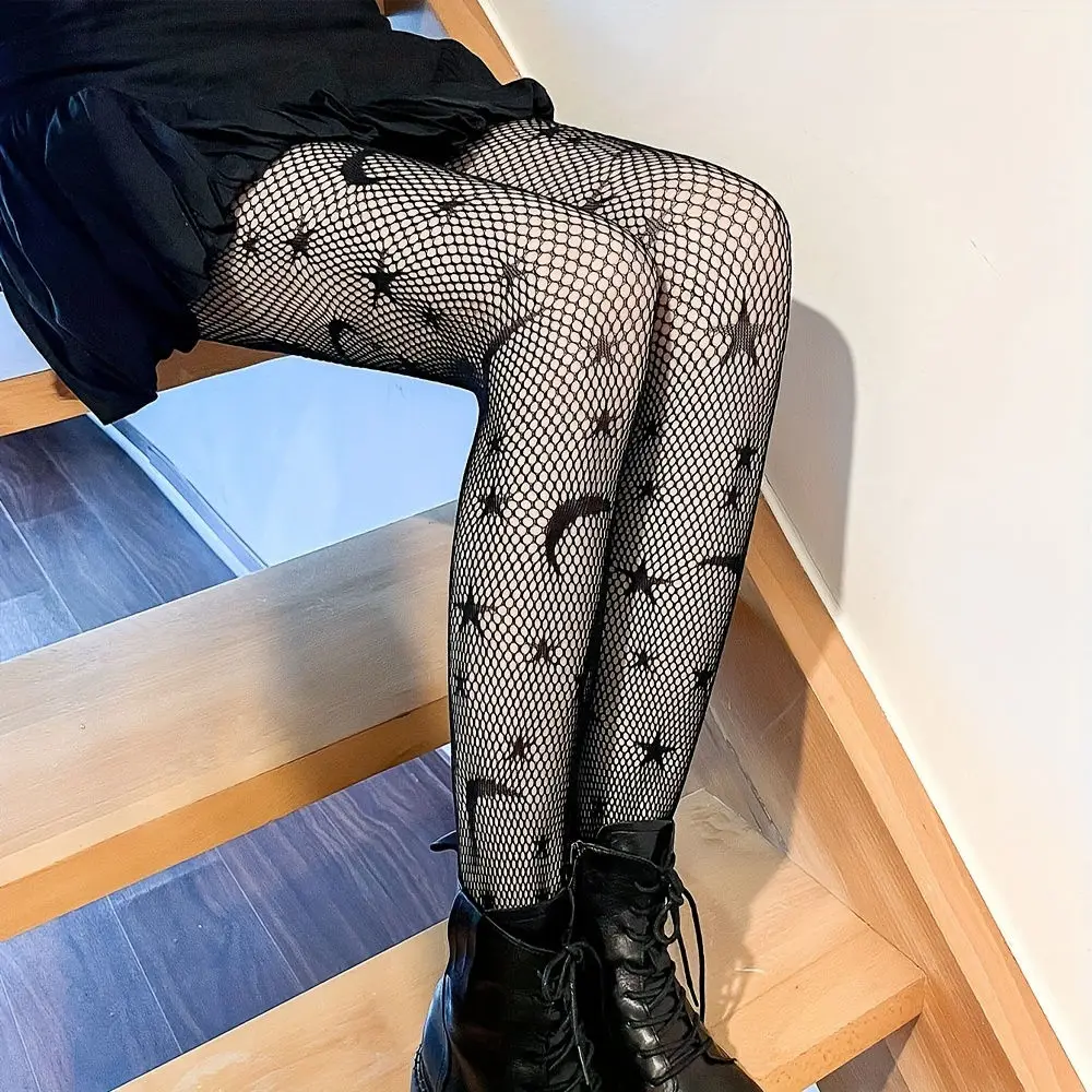 

Lolita Sexy Black Star Moon Pattern Pantyhose Ladies Stocking Big Elastic Girls WomenTights Jk Fishnet Stockings JK Girls Tights