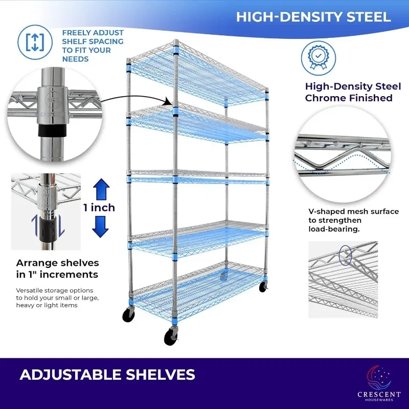 Halbmond, Chrom, 48x18x76, 4000 lbs, Metall regale zur Aufbewahrung mit Rädern, ideal für Garagen regale, 5-stufige Draht regale