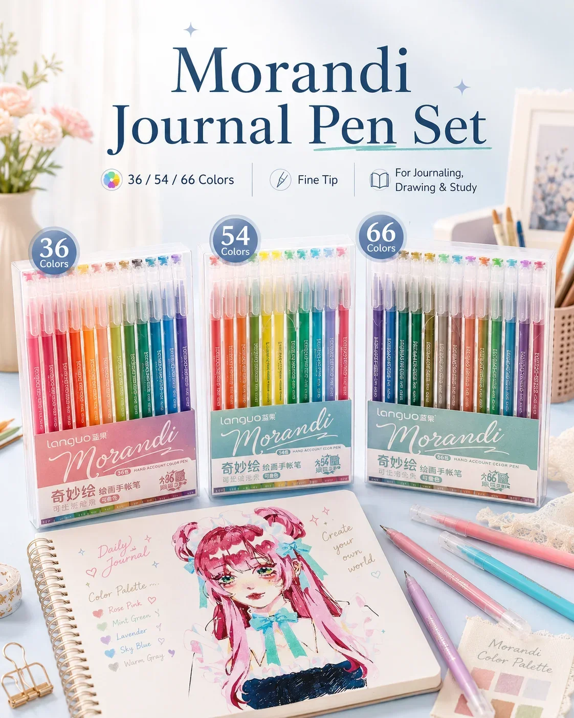 5-in-1 Journaling Pen Kit Large Capacity Gel Ink Pens, Highlighters for Note Taking, Fine Point Drawing Pens