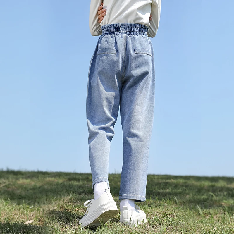 Элегантные детские синие джинсы с высокой талией, обычные брюки для девочек-подростков, повседневные джинсовые брюки на шнурке, возраст 4, 5, 6, 7, 8, 9, 10, 12, 13 лет