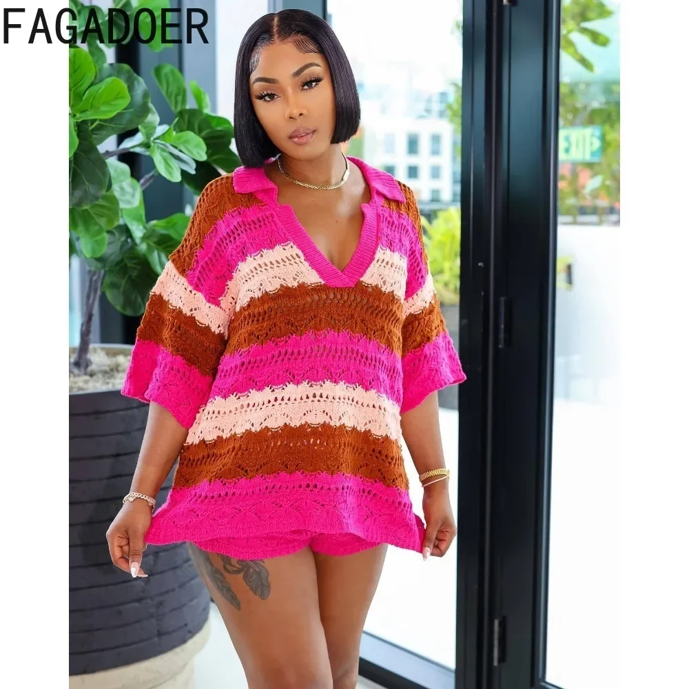 FAGADOER Rose Spring New Knitted Splicing Two Piece Sets Women V Neck Long Sleeve Top and Shorts Outfits Female 2pcs Clothing