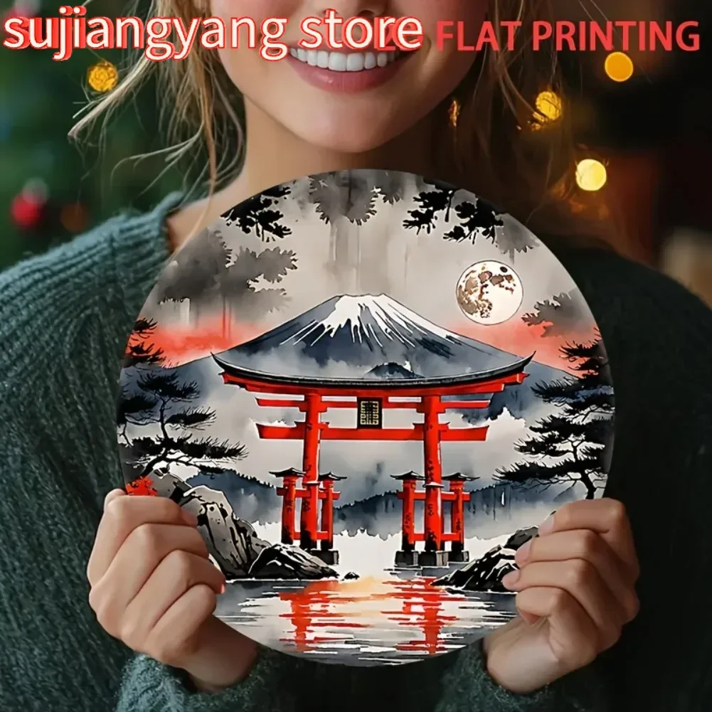 2D Flat, 1pc Mount Fuji with Red Torii Gates & Full Moon Round Wrought Iron Wall Art - 2D Flat Printed Japanese Landscape Decor
