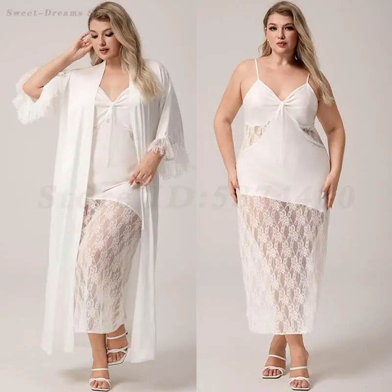 

Bridal White Robe Set Sleepwear Oversize Sexy Spaghetti Strap Lace Nightdress Long Bathrobe Kimono Nightgown Wedding Pajama Gift