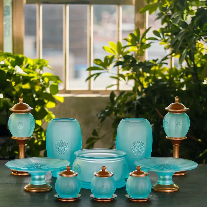 Vintage Glazed Ceramic Buddha Vase Water Purification Cup Incense Burner Set Buddhist Hall Decor Fruit Plate Ornament