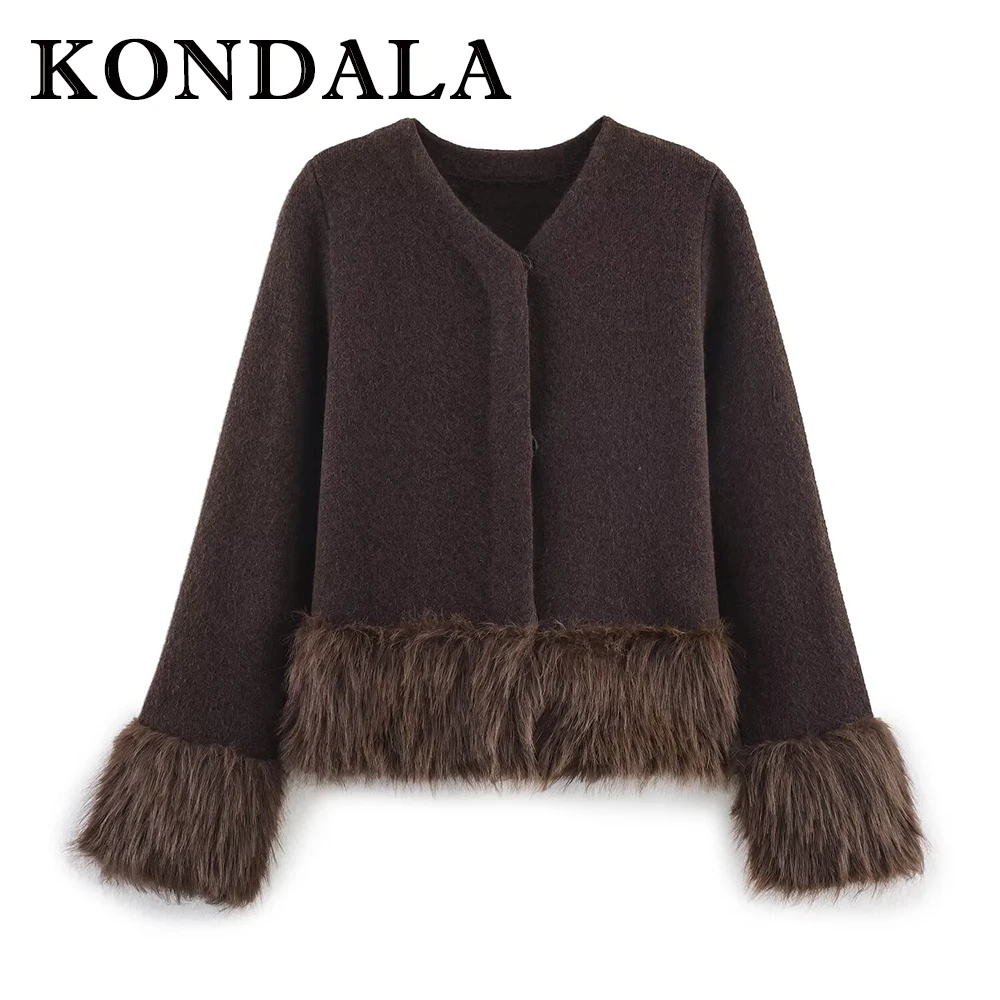 KONDALA Fashion 2025 Autumn Vintage Women V Neck Flurry Knitwear Elegant Brown Long Sleeve Sweater Luxurious Patchwork Outwear