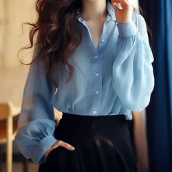 Summer Casual Long Sleeve Sunscreen Shirt Ladies Fashion Buttons Women's Clothing Net Yarn Perspective Tops Sexy Solid Blouses