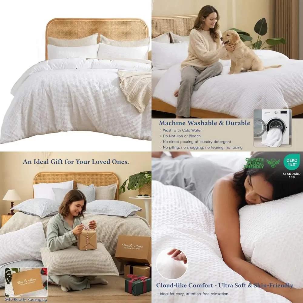 

King Size Waffle Weave Comforter Set, 3-Piece, Lightweight & Cozy, All-Season Warmth, Skin-Friendly, White Bedding with Pillow S