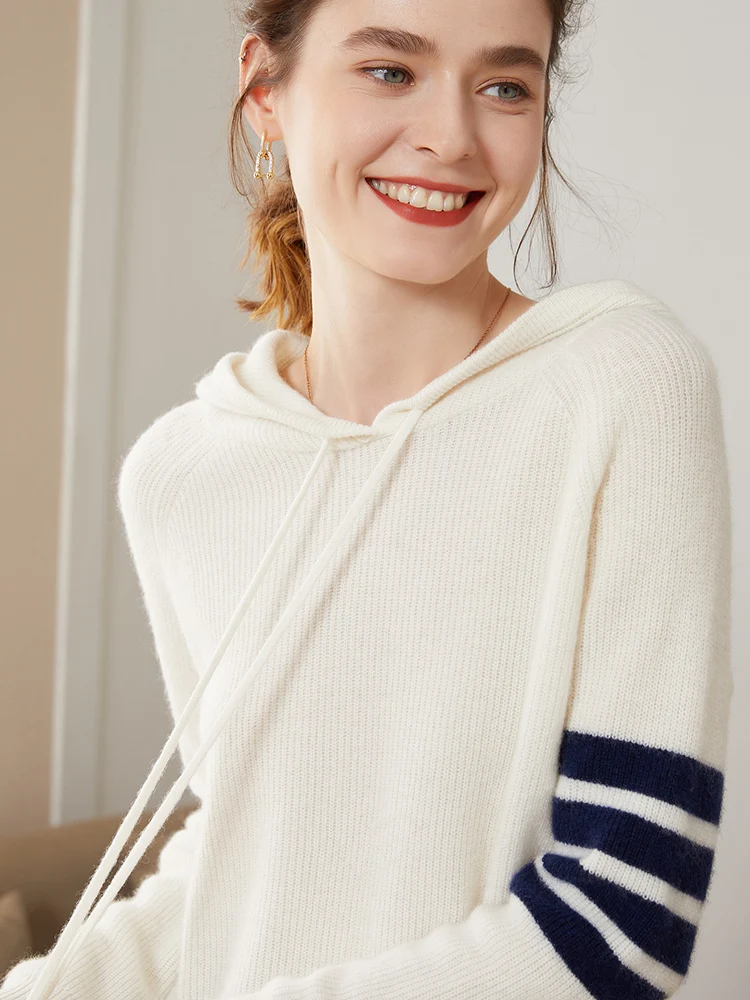 

Women Hooded Pullover Cashmere Sweater Autumn Winter Thick Preppy Style Tops Long Sleeve Chic Soft Casual 100% Cashmere Knitwear
