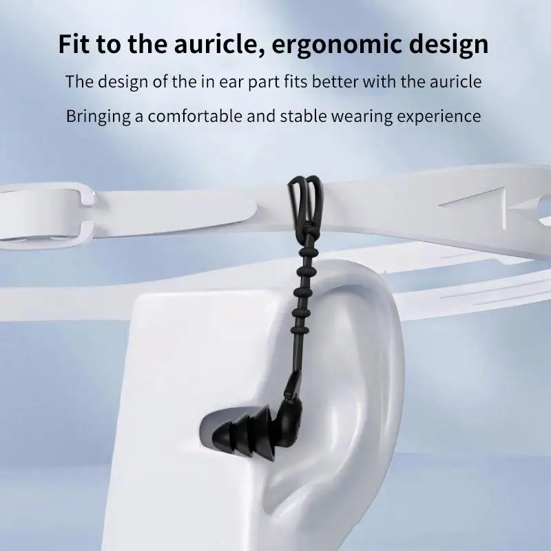 Waterproof 3-Layer Noise Cancelling Swimming Earplugs With Rope For Swim Sleep Ergonomic Design With Lanyard Tether Anti-Loss