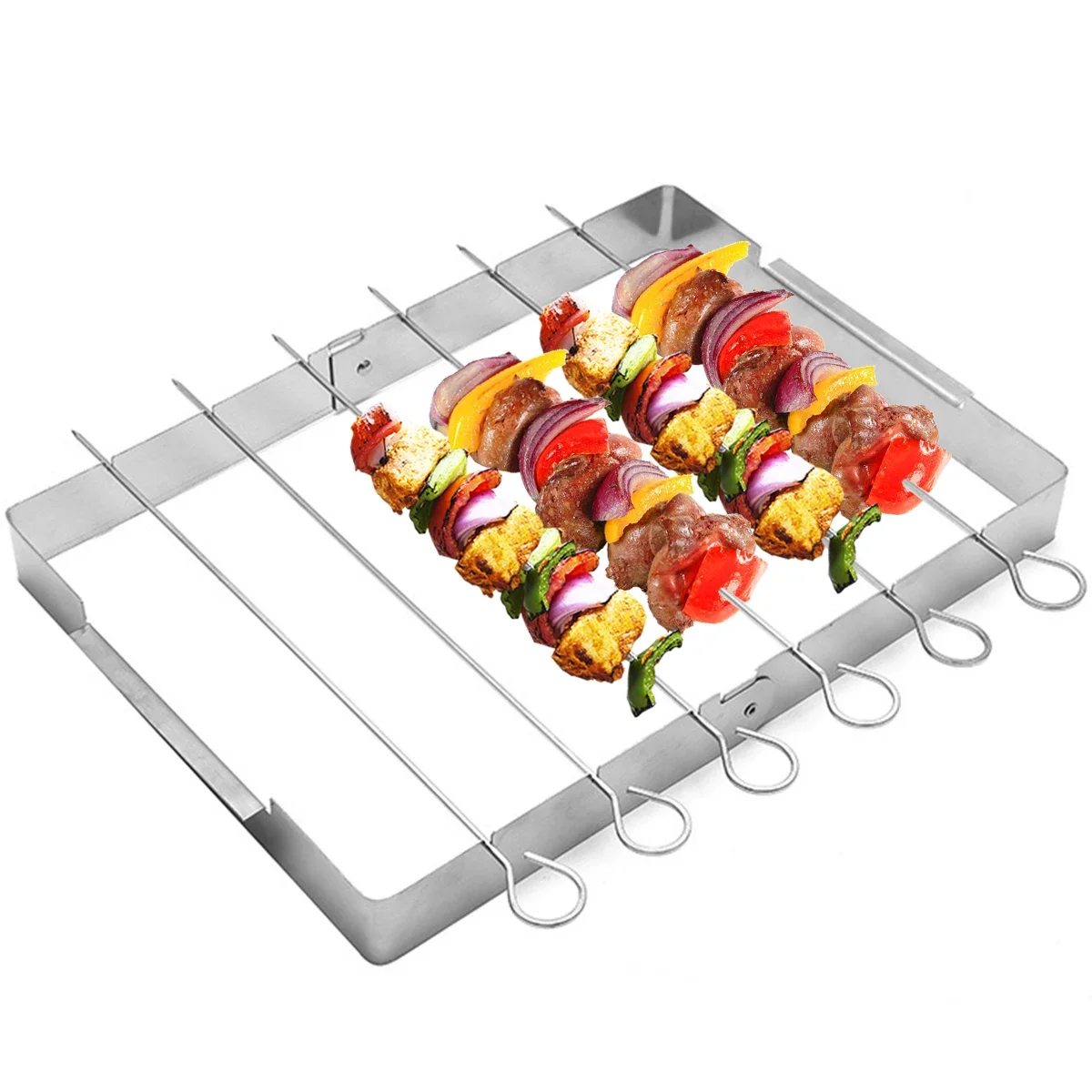BBQ Skewer Rack Stainless Steel BBQ Metal Skewers Foldable Rotating Rotisserie Grill Rack with 6 Skewers for Shish Kebab