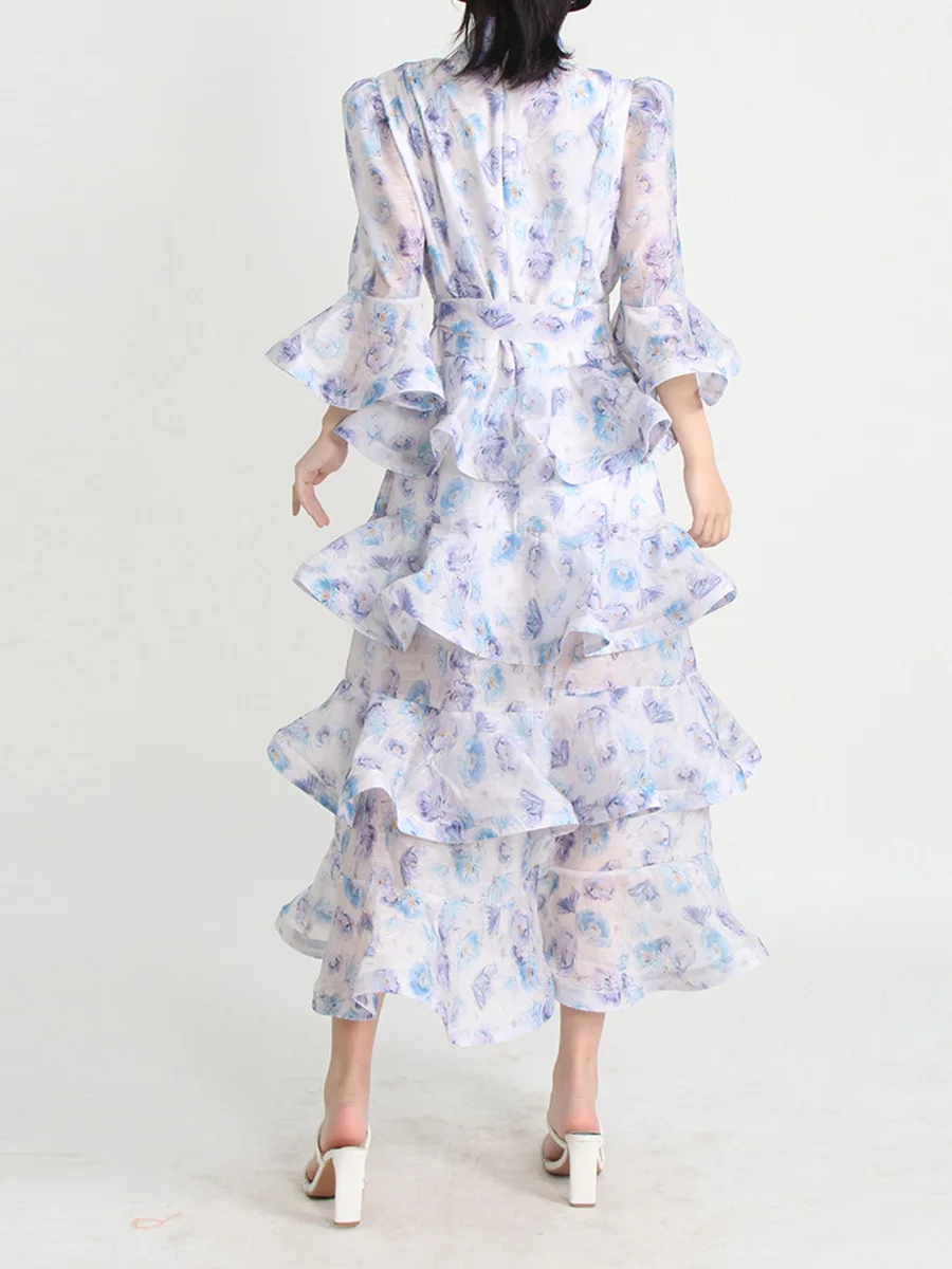 2025 manga alargamento magro longo bolo camada impressão festa maxi vestido gola passarela para mulheres verão outono