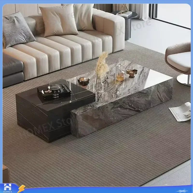 Glossy Rock Slab Coffee Table with Double Drawers Hidden Storage Modern Living Room Furniture Embedded Design Home Decor