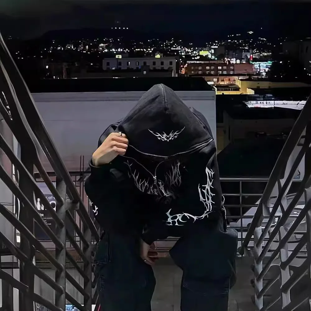 Bluza z kapturem Halloween Y2K Harajuku Street Retro Luźna Odzież Sportowa Gotycki Rozpinany Sweter Długi Rękaw Regularny Krój Damski P...