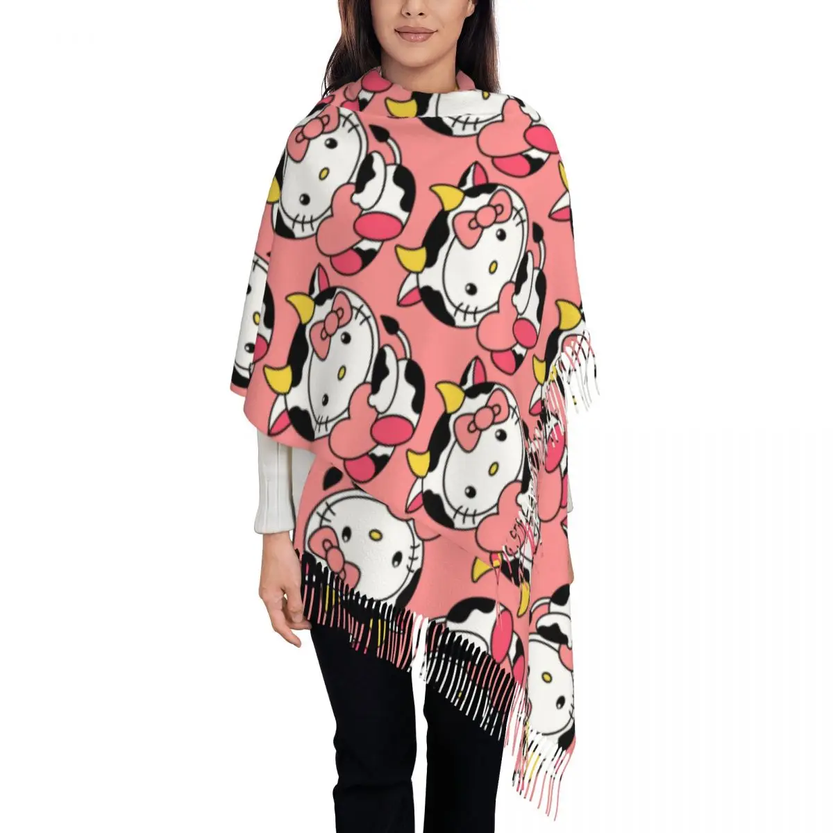 Bufandas suaves del invierno de las señoras del abrigo del mantón de las mujeres de la bufanda de la borla de la vaca de Hello Kitty de encargo