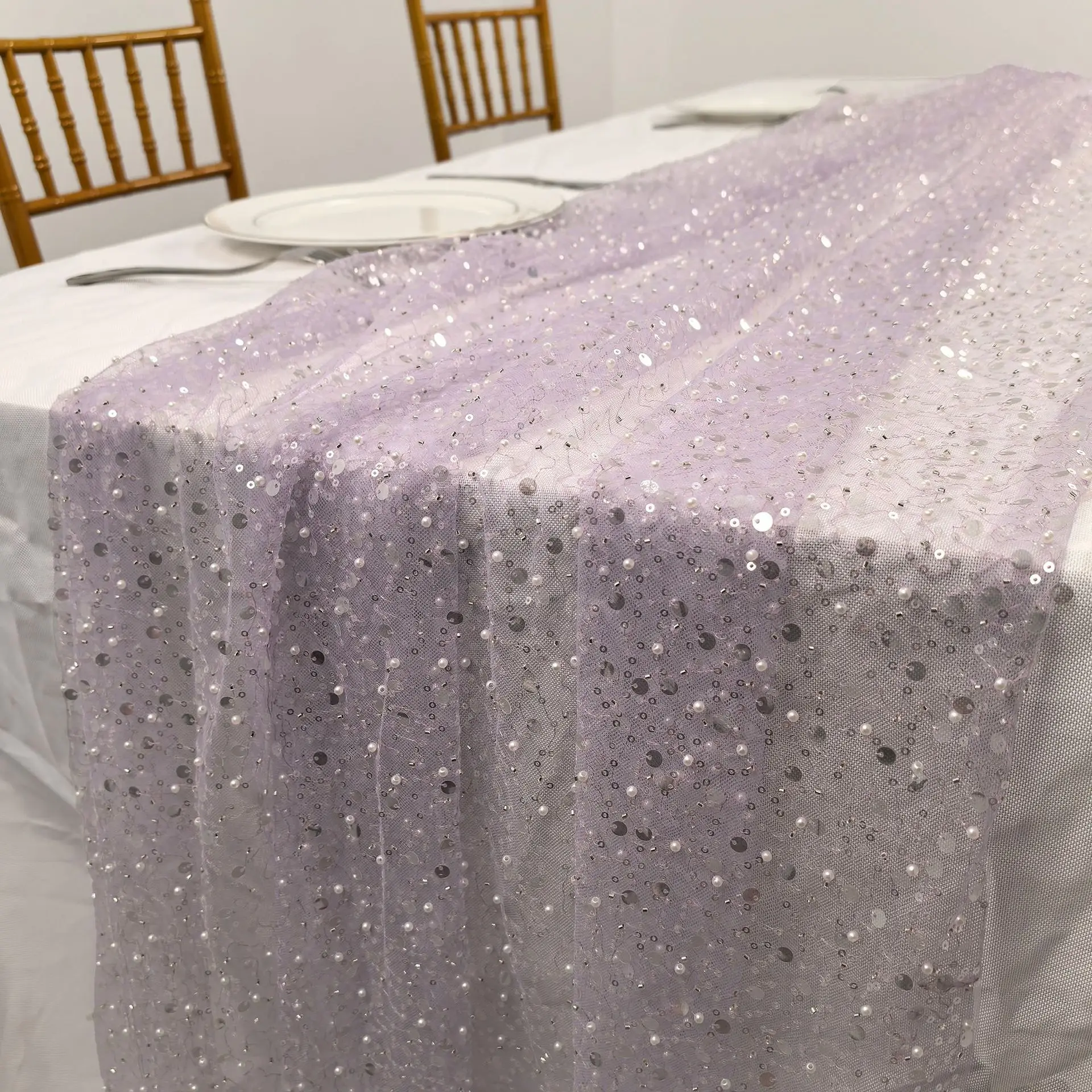 30*180CM/275CM Pearl Sequin Mesh Table Runer,Soft Sheer Tulle Wedding Dining Table Decoration For Christmas Bride Shower Party