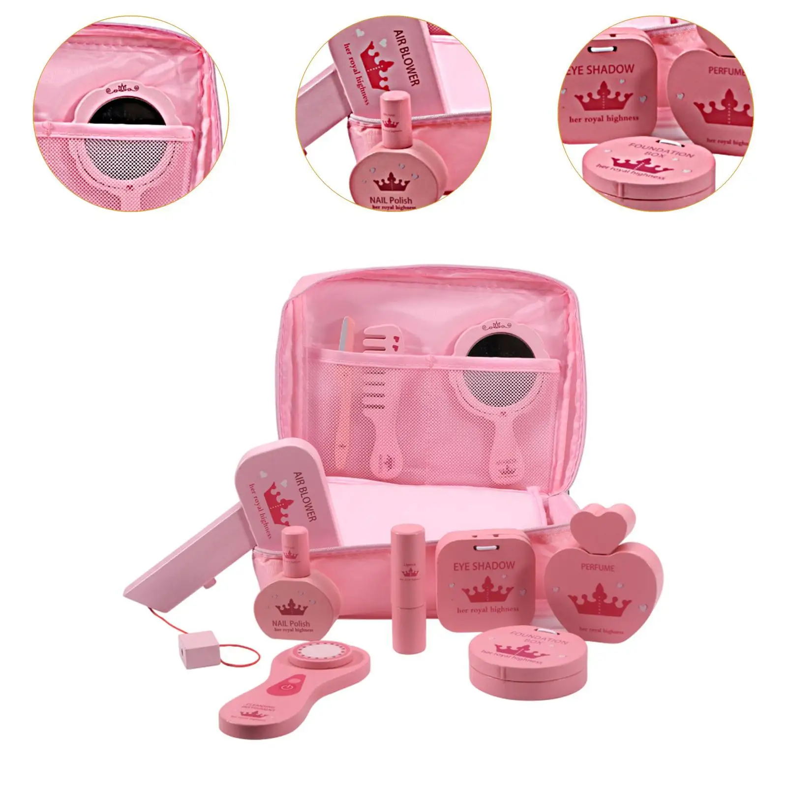 10x Pretend Make-up Kits Houten Schoonheidssalon Speelgoed Set met Opbergtas Fijne Motoriek Mode Prinses Verkleed voor Kleine Meisjes