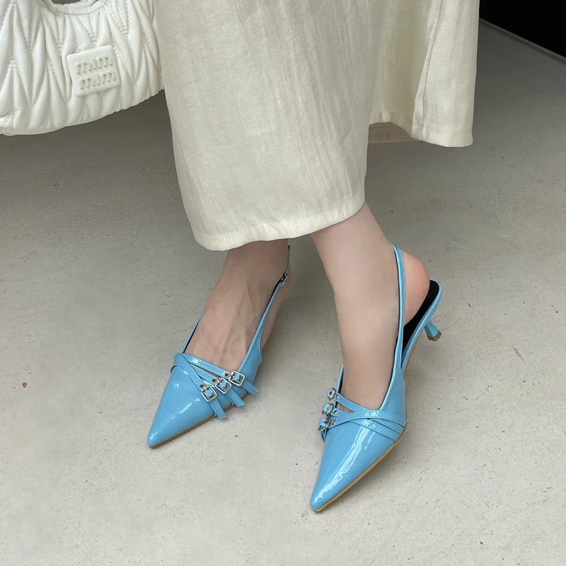 Orange Ladie Pumps Pink High Heels Sexy Pointed Toe Slingback Shoes Women Belt Buckle Low Heel Summer Office Shoes Blue